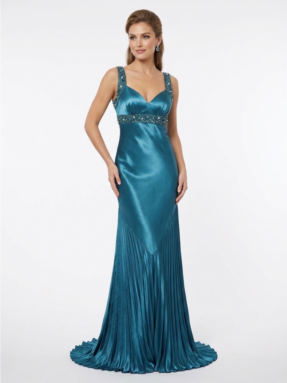 Teal Satin Maxi Gown with Beaded Straps